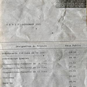 Tarif des produits Lestrade Prix Public pour les magasins de Septembre 1986